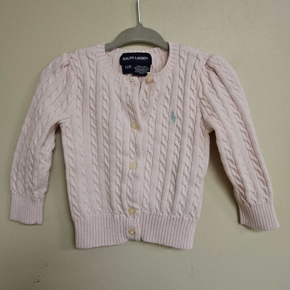 Ralph Lauren Baby Girl Mini Cable-Knit Hint of Pink Cardigan 12M